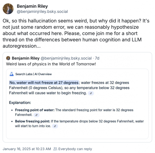 A Bluesky thread from Benjamin Riley examining why AI confused temperature scales so much it claimed both that