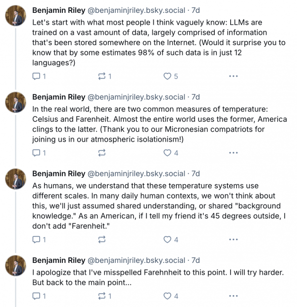 A Bluesky thread examining why AI confused temperature scales so much it claimed both that